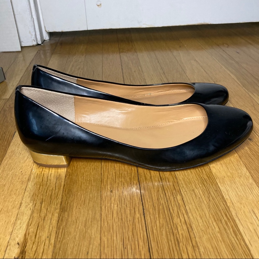 JCREW black flats with gold heel